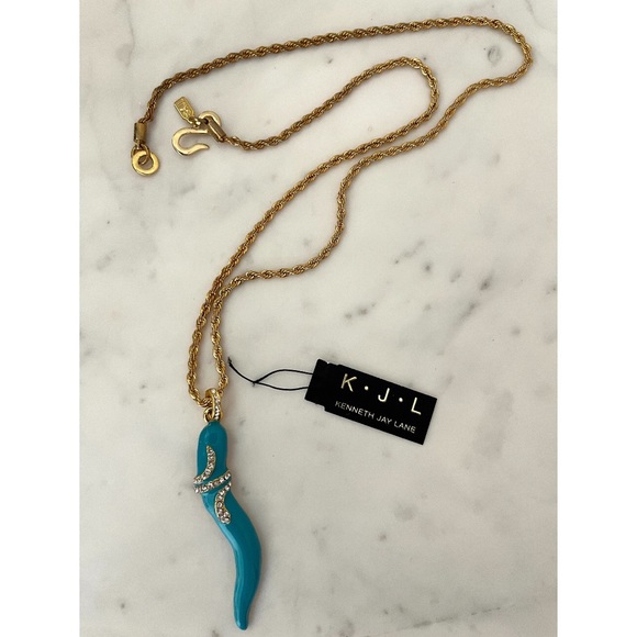 Kenneth Jay Lane Blue & Gold Snake Pendant Necklace Enamel & Golden Chain KJL - Picture 7 of 10